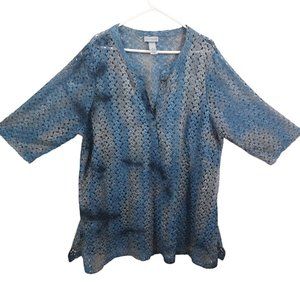 Catherines Womens Blue Crochet 3/4 Sleeve‎ Side Slit Tunic Top Size 2X 22/24W